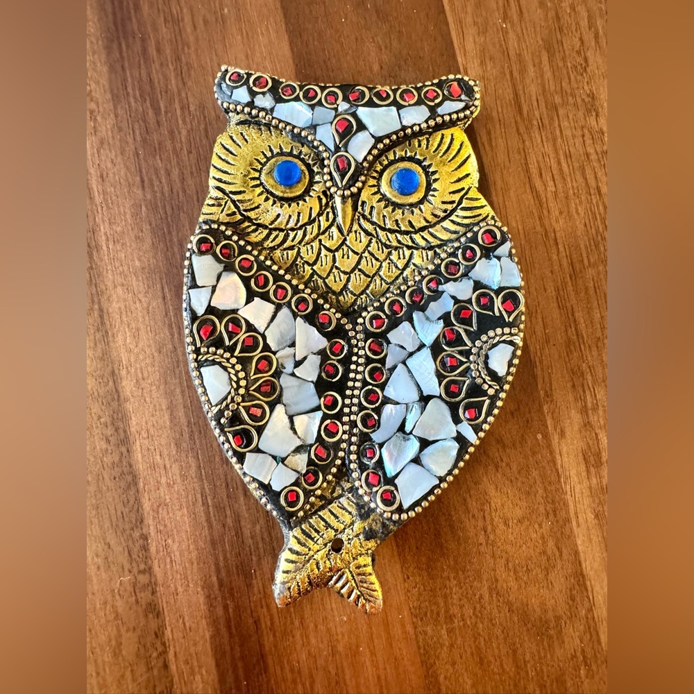 Artisan Nepal Mosaic Owl Incense Holder- White